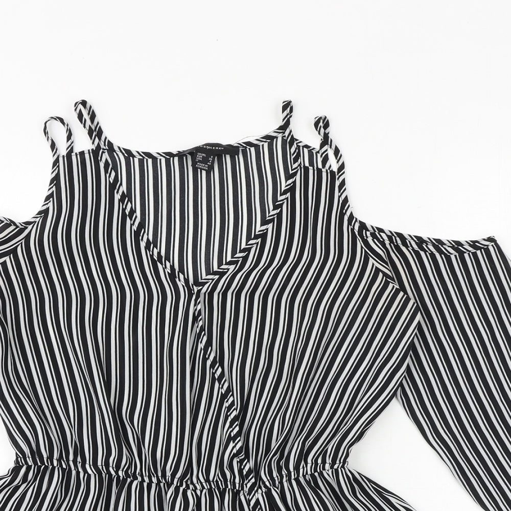 Primark Womens Black Striped Polyester Basic Blouse Size 8 V-Neck - Cold Shoulder