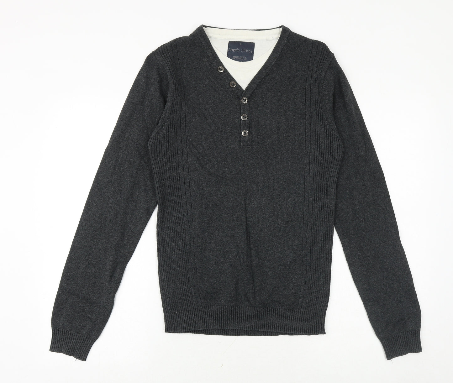 Angelo Litrico Mens Silver V-Neck Polyester Pullover Jumper Size S Long Sleeve