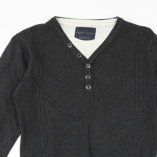 Angelo Litrico Mens Silver V-Neck Polyester Pullover Jumper Size S Long Sleeve