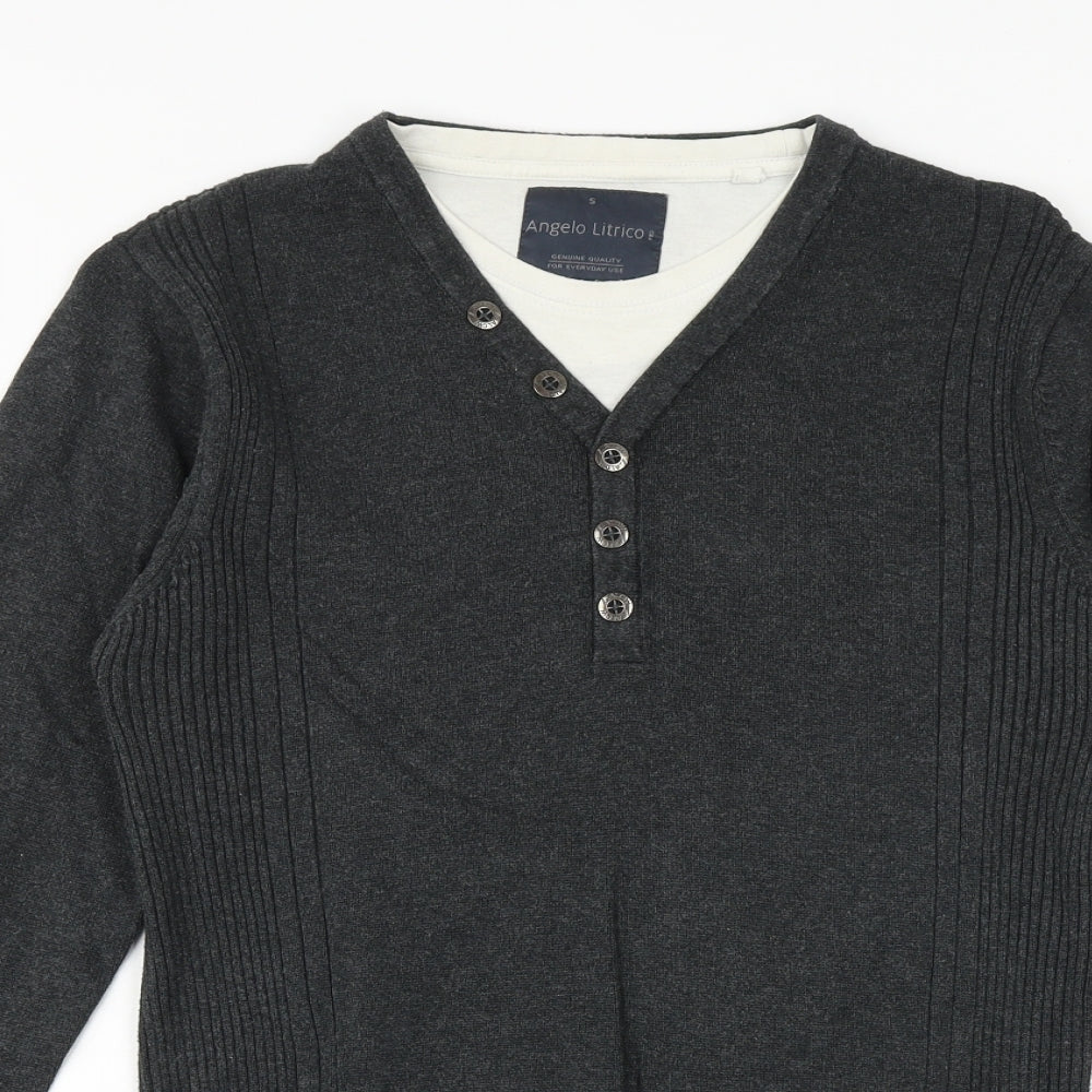 Angelo Litrico Mens Silver V-Neck Polyester Pullover Jumper Size S Long Sleeve