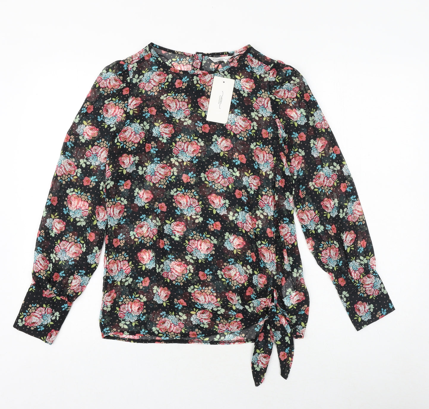 New Look Womens Black Floral Polyester Basic Blouse Size 8 Round Neck