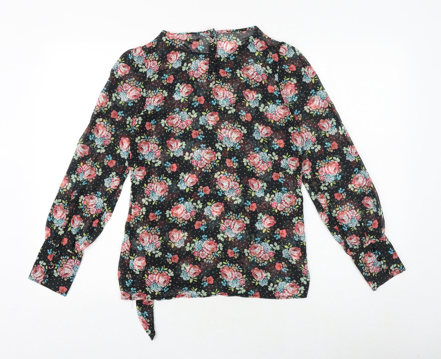 New Look Womens Black Floral Polyester Basic Blouse Size 8 Round Neck
