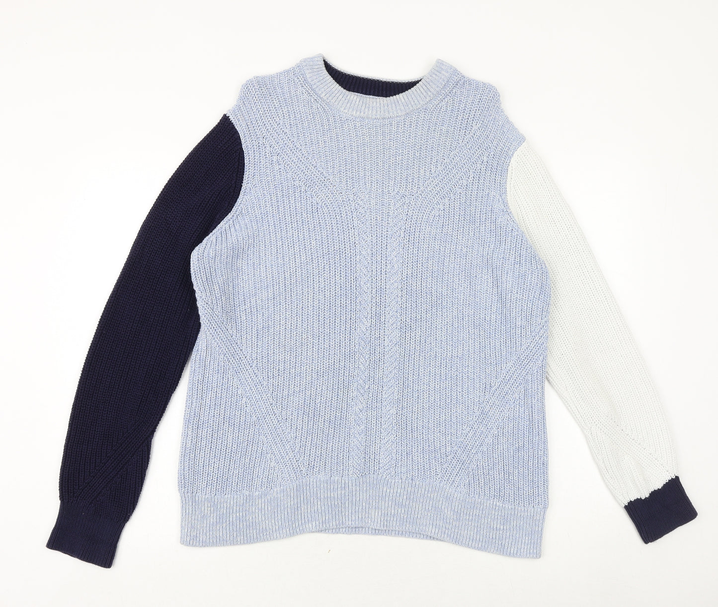 Marks and Spencer Womens Blue Round Neck 100% Cotton Pullover Jumper Size L - Colourblock Pattern