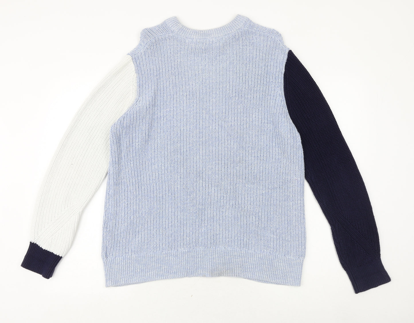 Marks and Spencer Womens Blue Round Neck 100% Cotton Pullover Jumper Size L - Colourblock Pattern