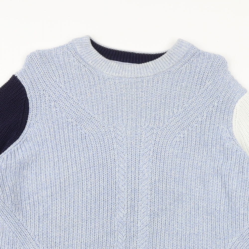 Marks and Spencer Womens Blue Round Neck 100% Cotton Pullover Jumper Size L - Colourblock Pattern
