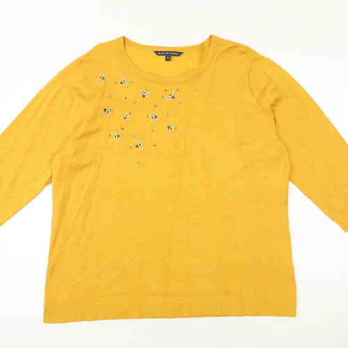 Bonmarché Womens Yellow Round Neck Geometric Viscose Pullover Jumper Size 18 - Bumble Bee