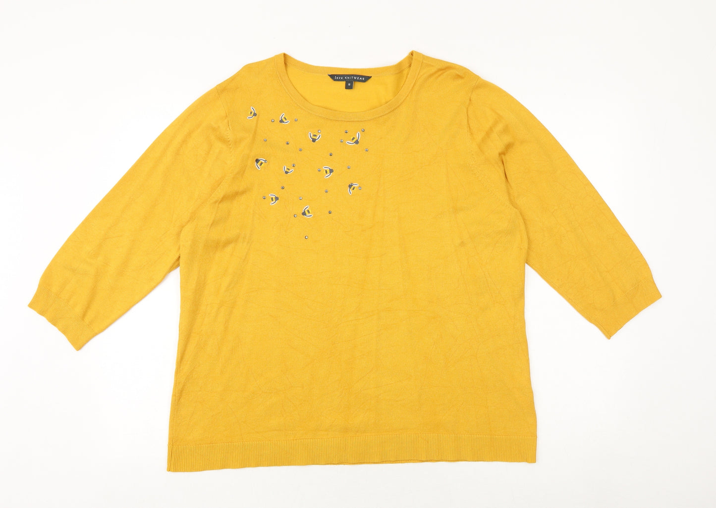 Bonmarché Womens Yellow Round Neck Geometric Viscose Pullover Jumper Size 18 - Bumble Bee