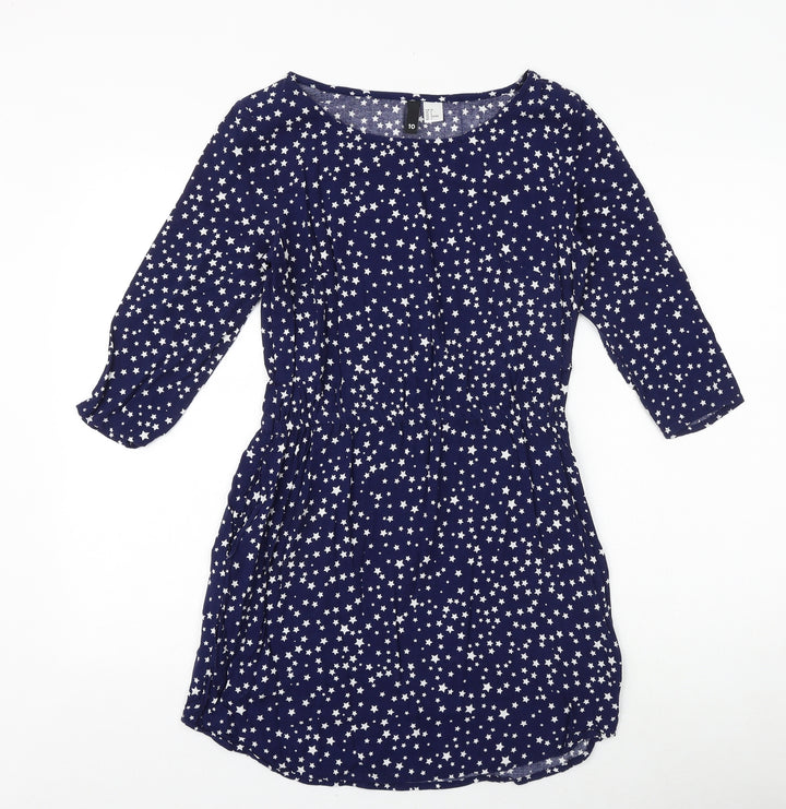 H&M Womens Blue Geometric Viscose A-Line Size 8 Round Neck Pullover - Star Pattern