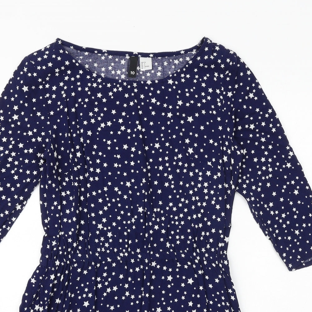 H&M Womens Blue Geometric Viscose A-Line Size 8 Round Neck Pullover - Star Pattern