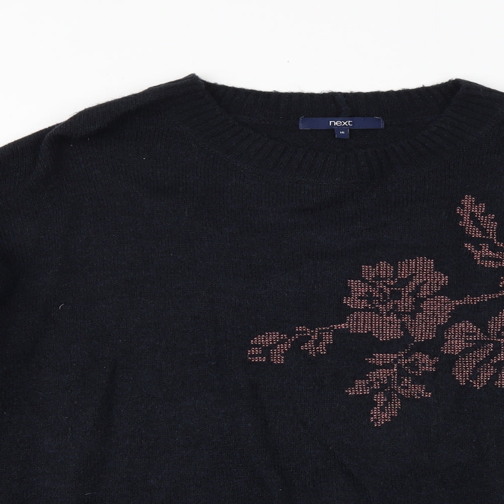 NEXT Womens Blue Round Neck Floral Acrylic Pullover Jumper Size 16