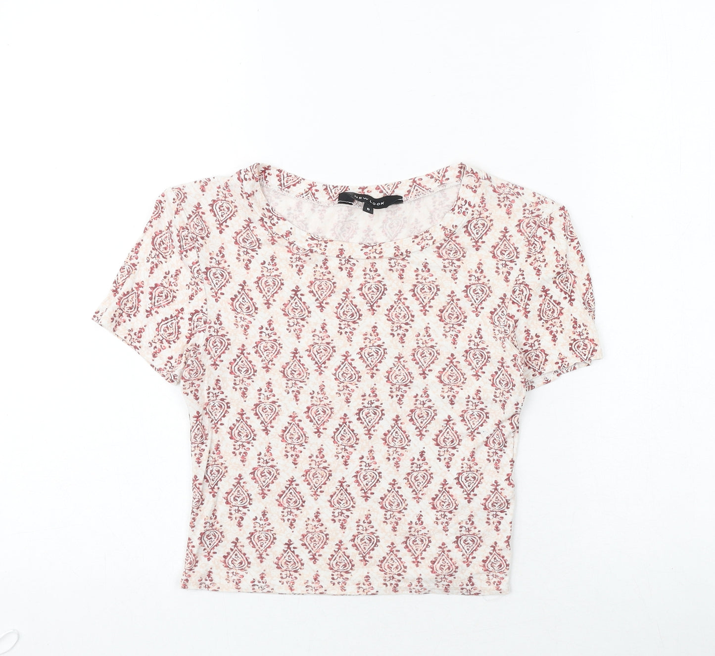 New Look Womens Red Geometric Viscose Basic Blouse Size 8 Round Neck