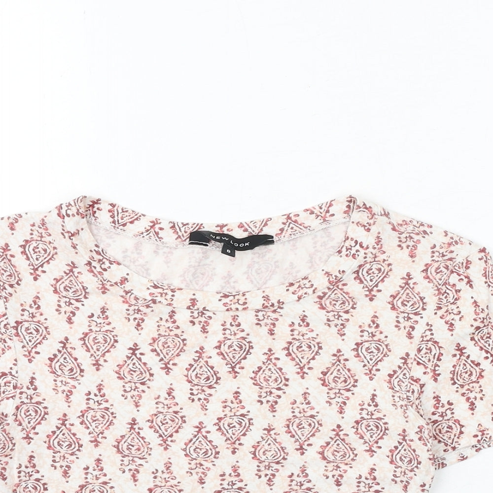 New Look Womens Red Geometric Viscose Basic Blouse Size 8 Round Neck