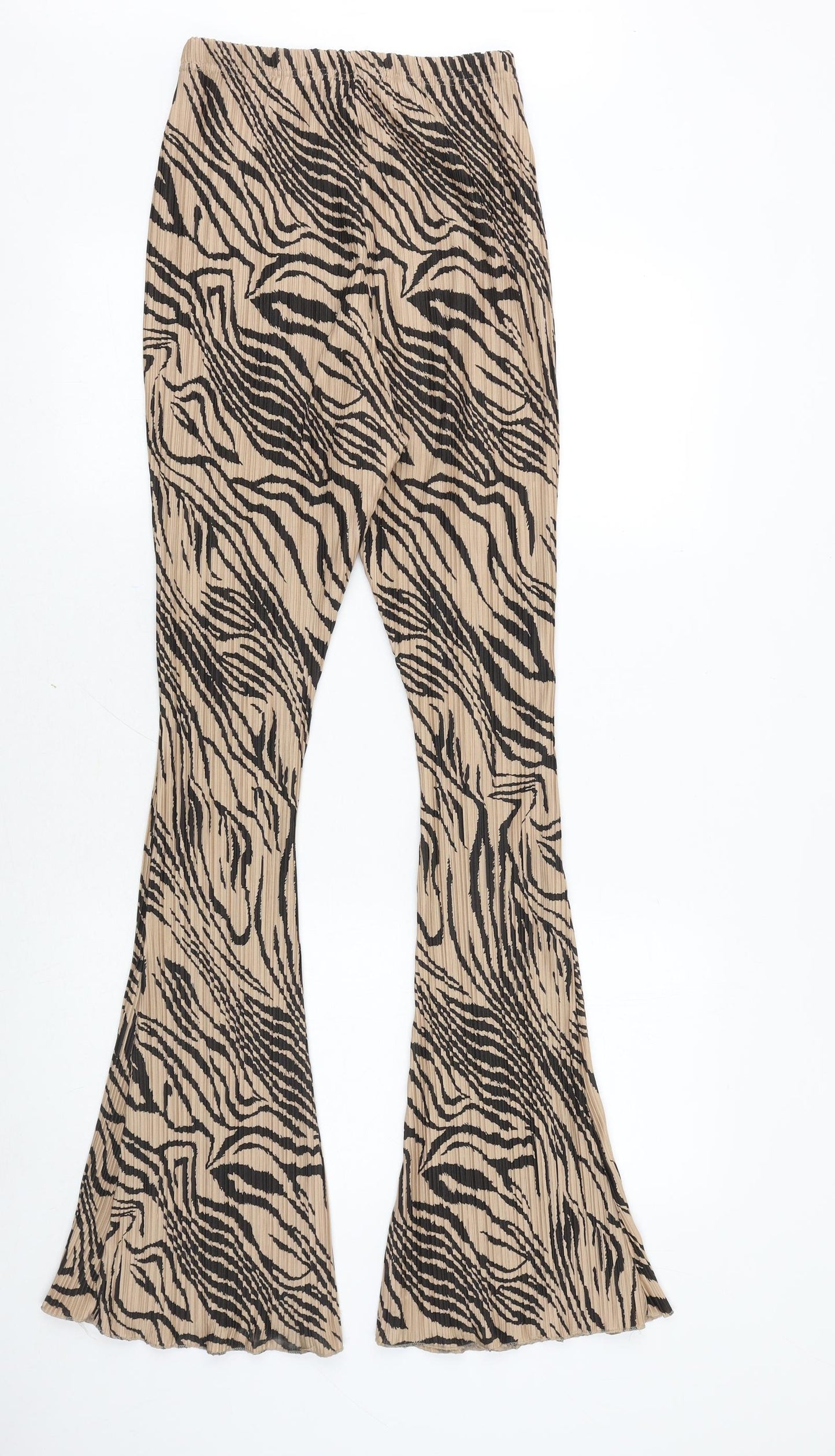 PRETTYLITTLETHING Womens Brown Animal Print Polyester Trousers Size 8 Regular - Plisse Zebra Print
