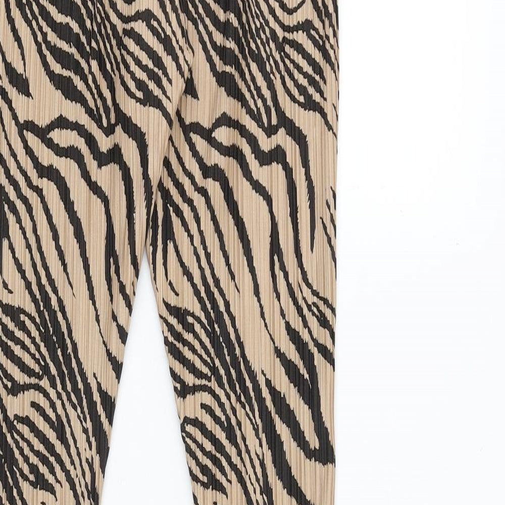 PRETTYLITTLETHING Womens Brown Animal Print Polyester Trousers Size 8 Regular - Plisse Zebra Print