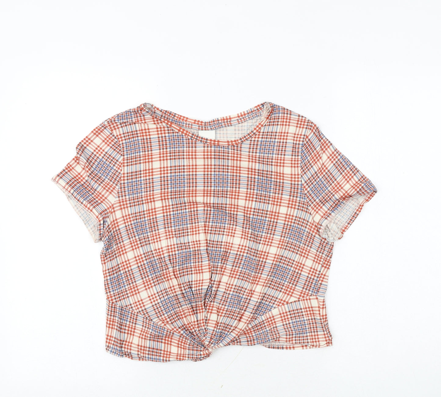 H&M Womens Multicoloured Plaid 100% Cotton Basic Blouse Size M Round Neck - Twist Detail
