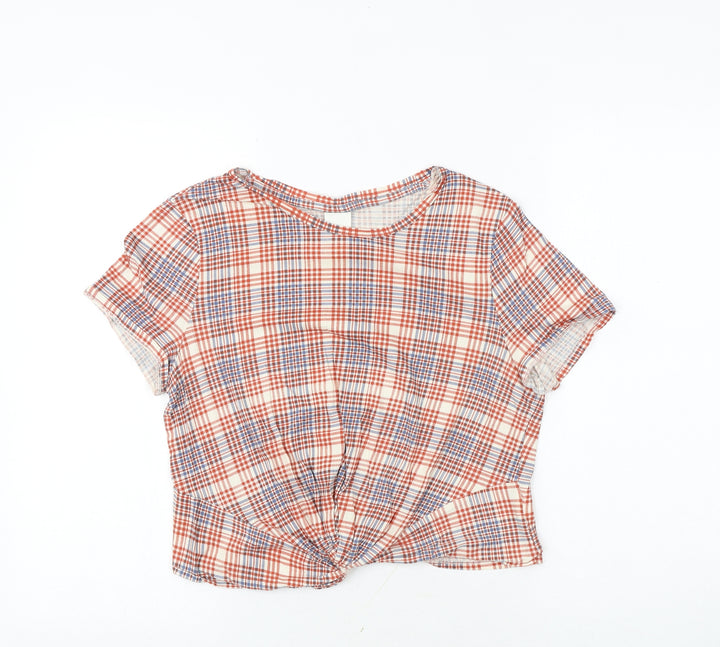 H&M Womens Multicoloured Plaid 100% Cotton Basic Blouse Size M Round Neck - Twist Detail