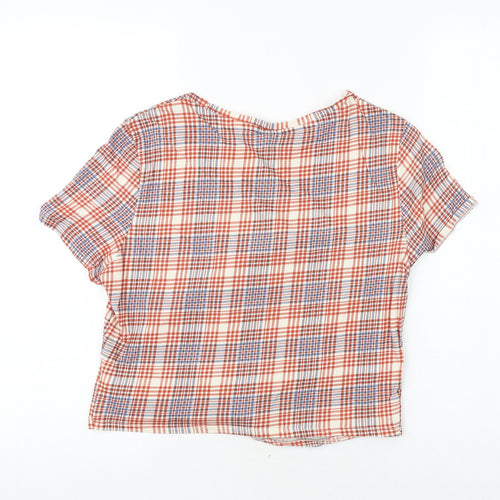 H&M Womens Multicoloured Plaid 100% Cotton Basic Blouse Size M Round Neck - Twist Detail