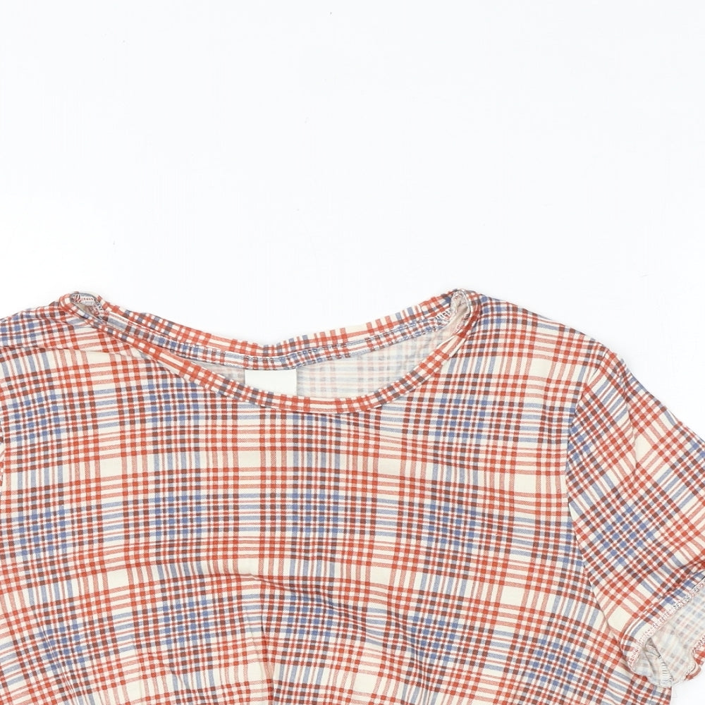 H&M Womens Multicoloured Plaid 100% Cotton Basic Blouse Size M Round Neck - Twist Detail