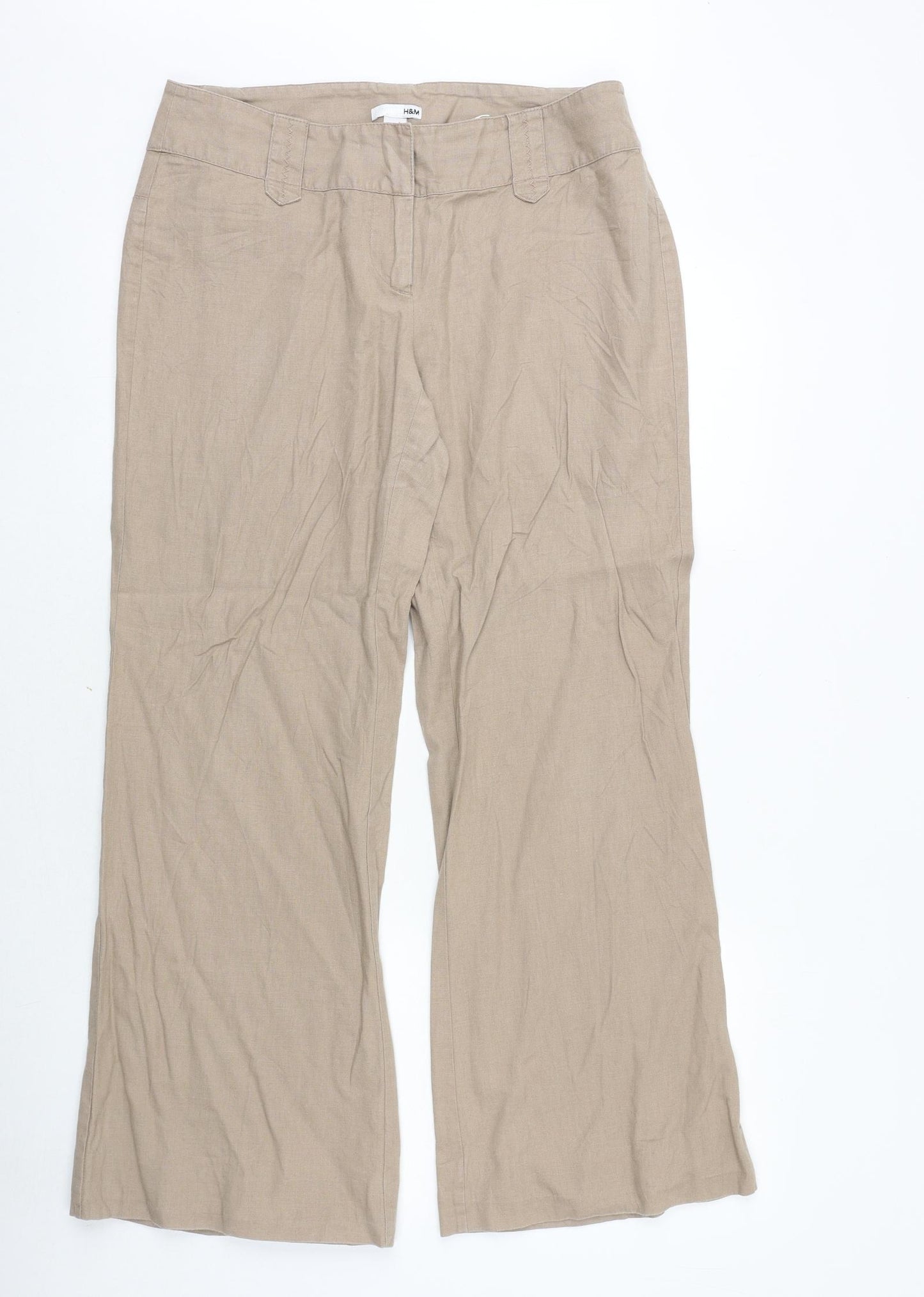 H&M Womens Beige Linen Trousers Size 14 Regular Zip