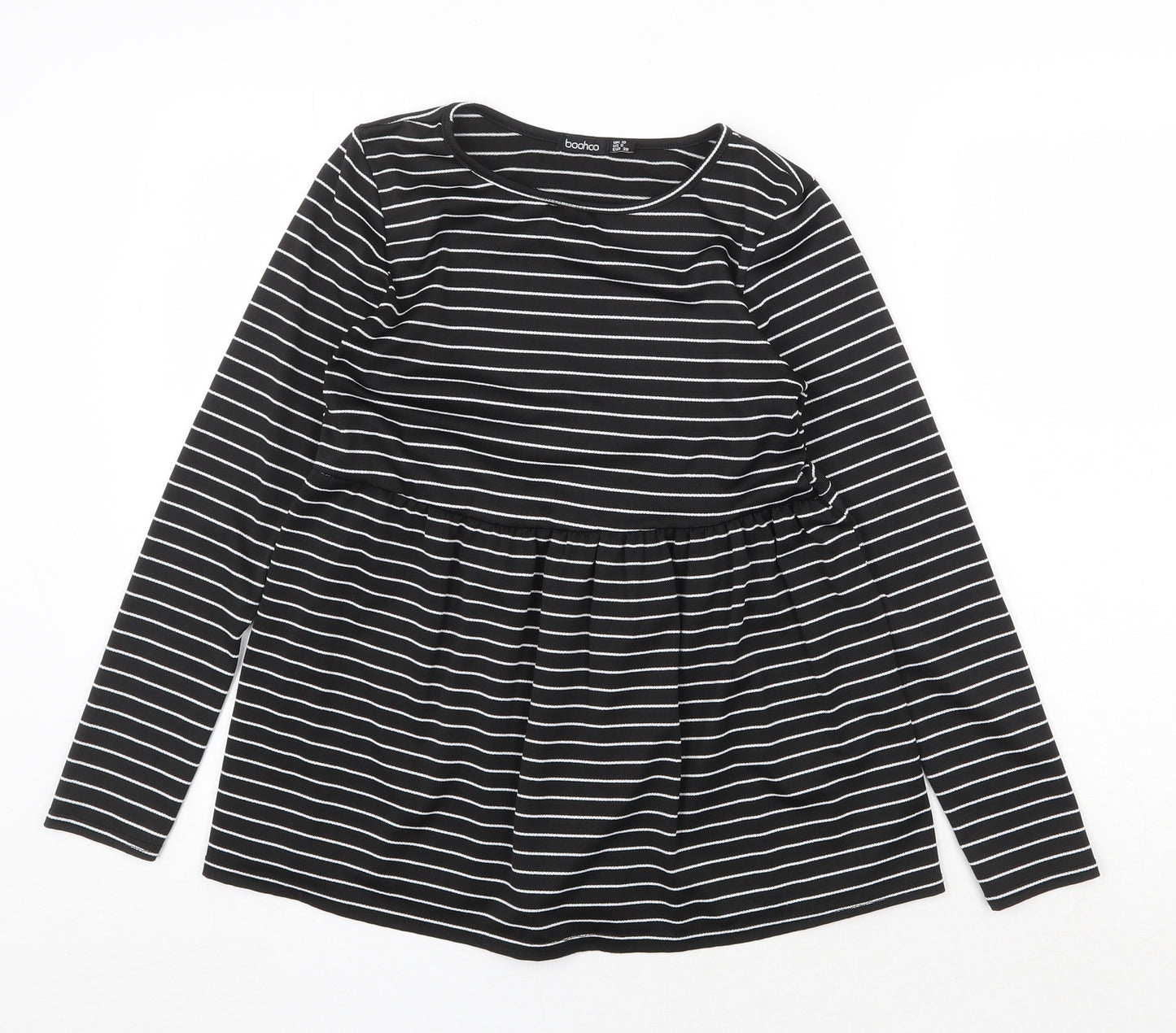 Boohoo Womens Black Striped Polyester Basic T-Shirt Size 10 Boat Neck