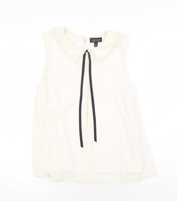 Topshop Womens Beige Polyester Basic Blouse Size 8 Collared - Tie Neck Detail