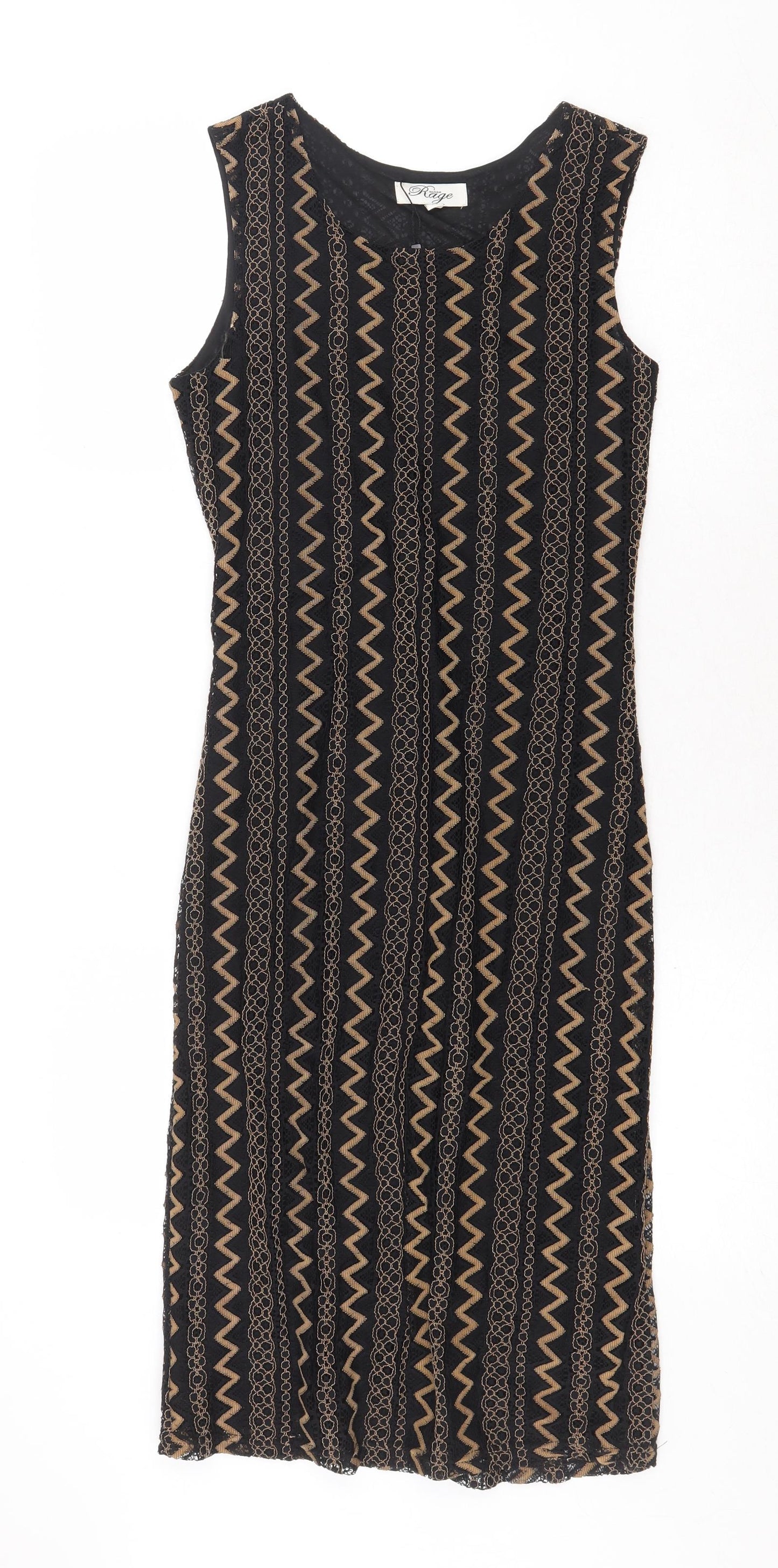 Madam Rage Womens Black Geometric Viscose A-Line Size 10 Round Neck Zip