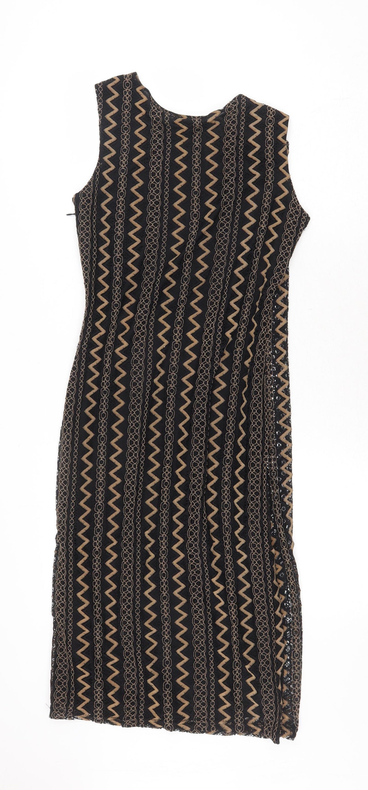 Madam Rage Womens Black Geometric Viscose A-Line Size 10 Round Neck Zip