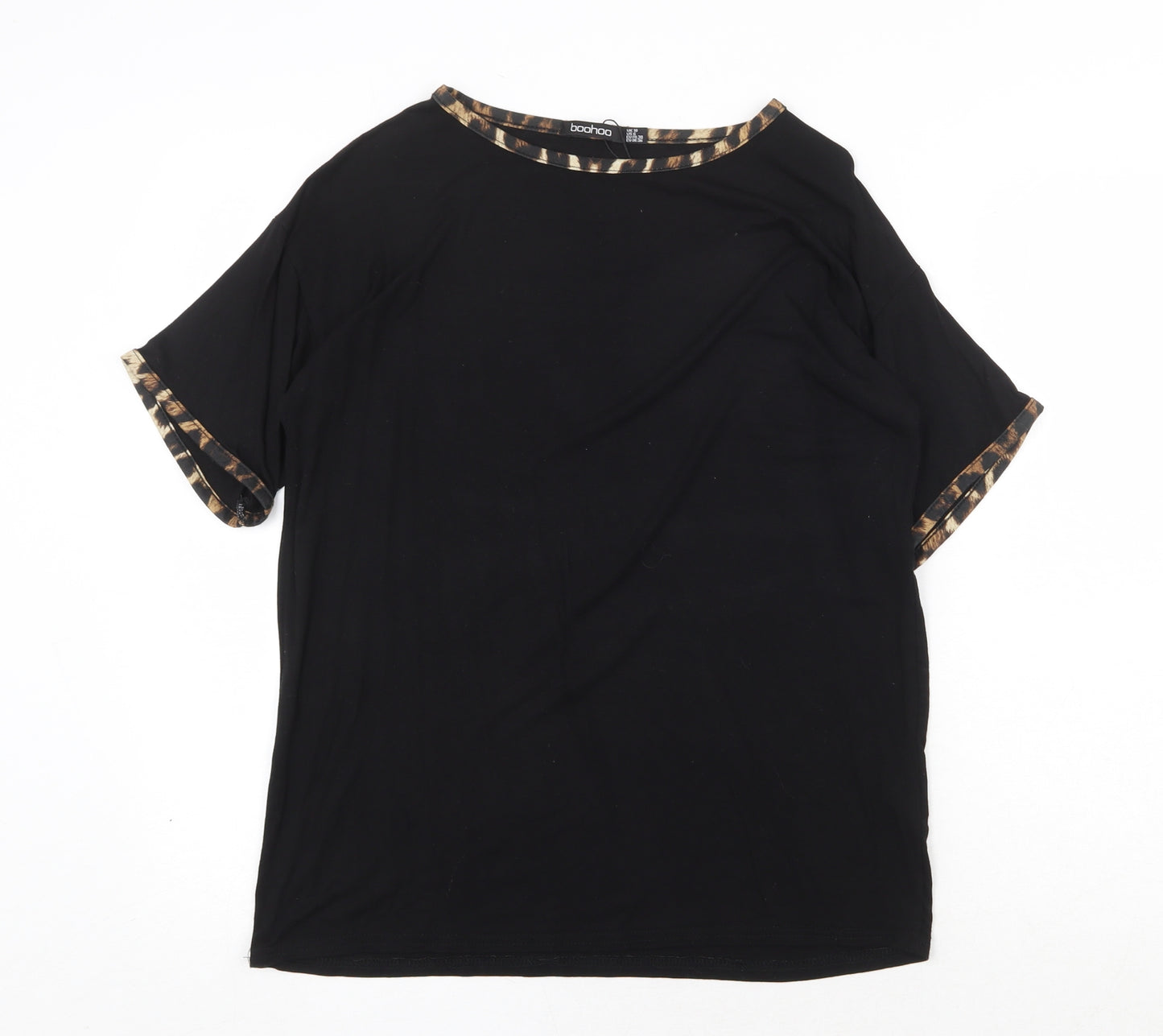 Boohoo Womens Black Animal Print Viscose Basic T-Shirt Size 10 Round Neck - Leopard Print