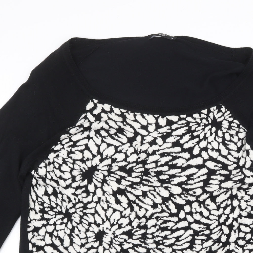 M&Co Womens Black Scoop Neck Geometric Viscose Pullover Jumper Size 14