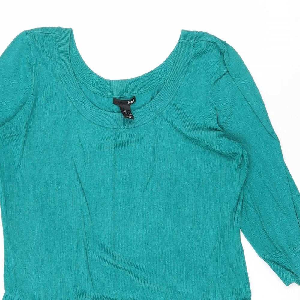 H&M Womens Green Round Neck Viscose Tunic Jumper Size M