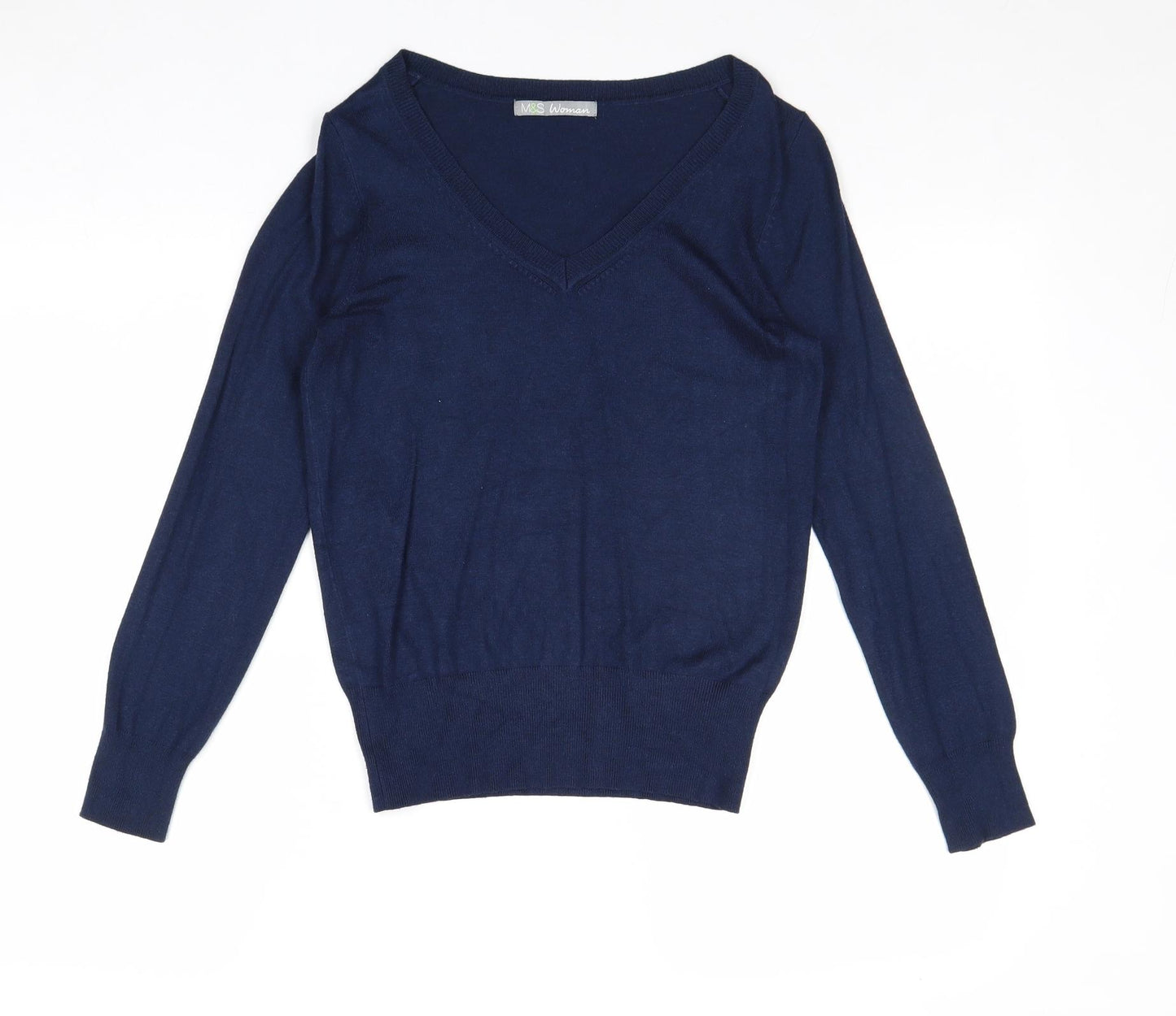Marks and Spencer Womens Blue V-Neck Viscose Pullover Jumper Size 8