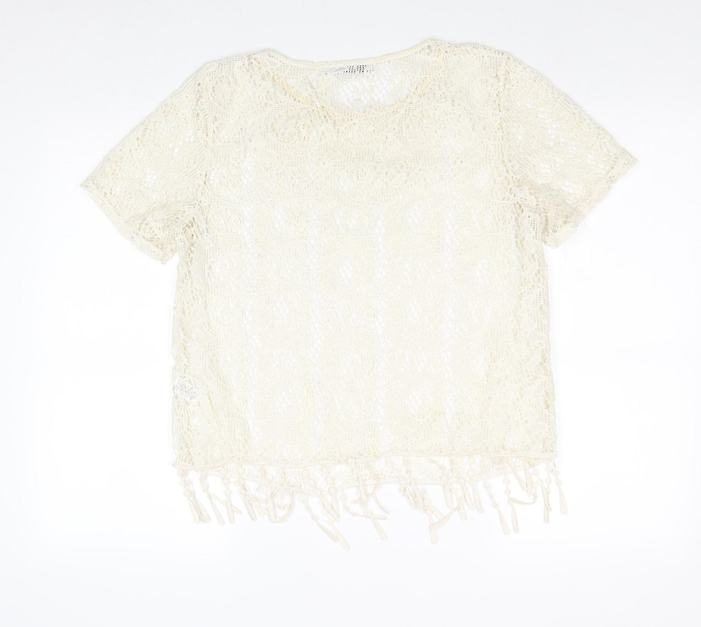 George Womens Ivory Polyester Basic T-Shirt Size 14 Round Neck