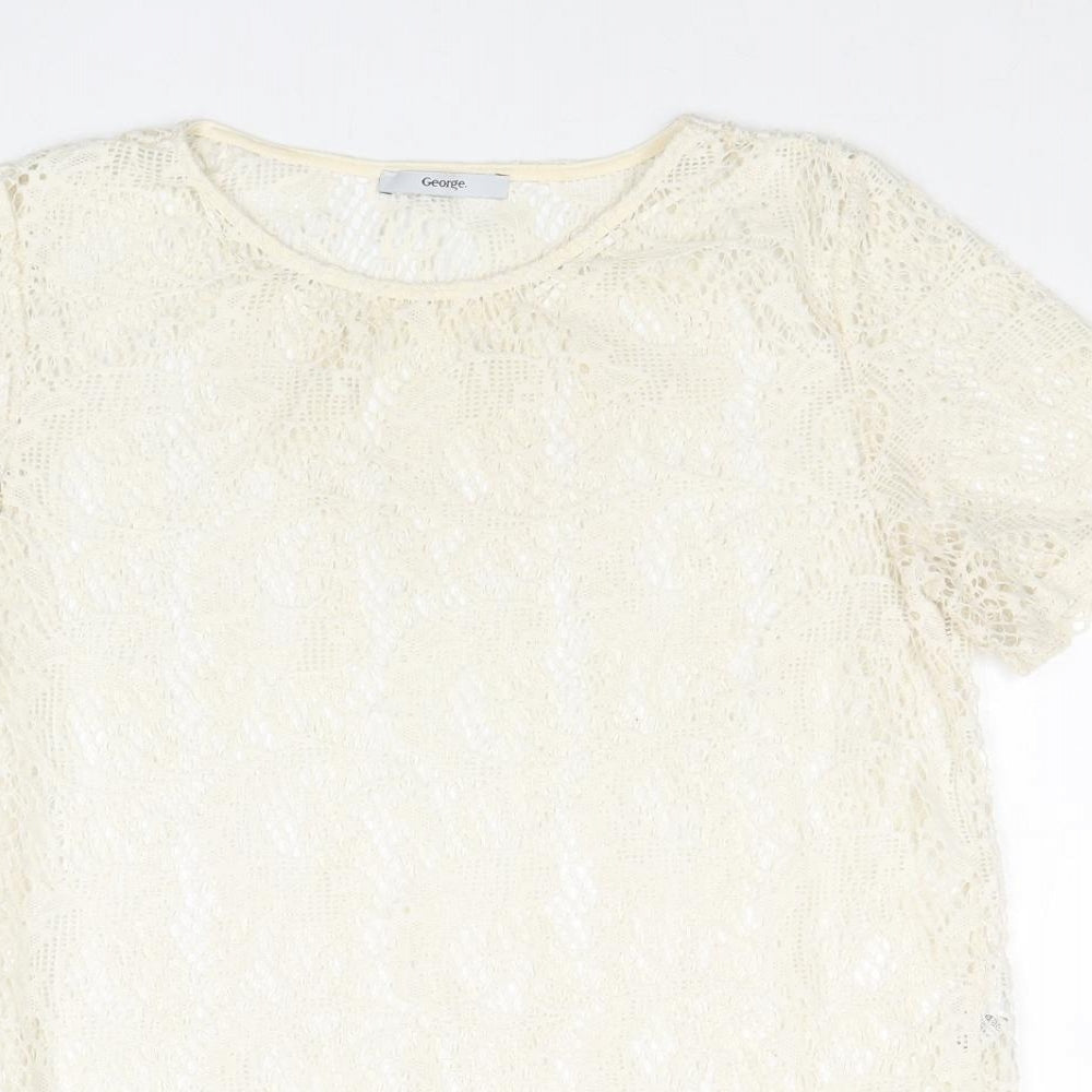 George Womens Ivory Polyester Basic T-Shirt Size 14 Round Neck