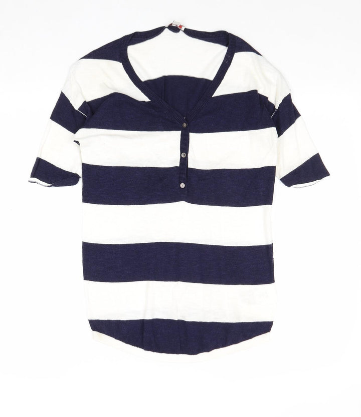 Gap Womens Blue V-Neck Striped Cotton Pullover Jumper Size XS