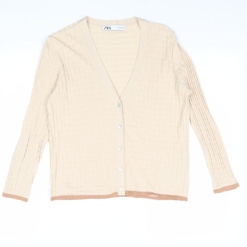 Zara Womens Beige V-Neck 100% Cotton Cardigan Jumper Size S