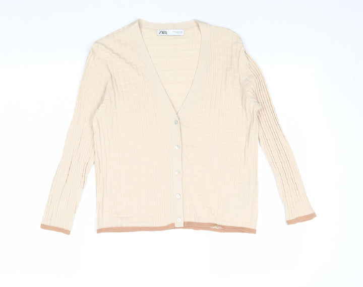 Zara Womens Beige V-Neck 100% Cotton Cardigan Jumper Size S