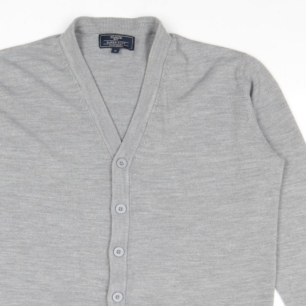 BHS Mens Grey V-Neck Acrylic Full Zip Jumper Size M Long Sleeve