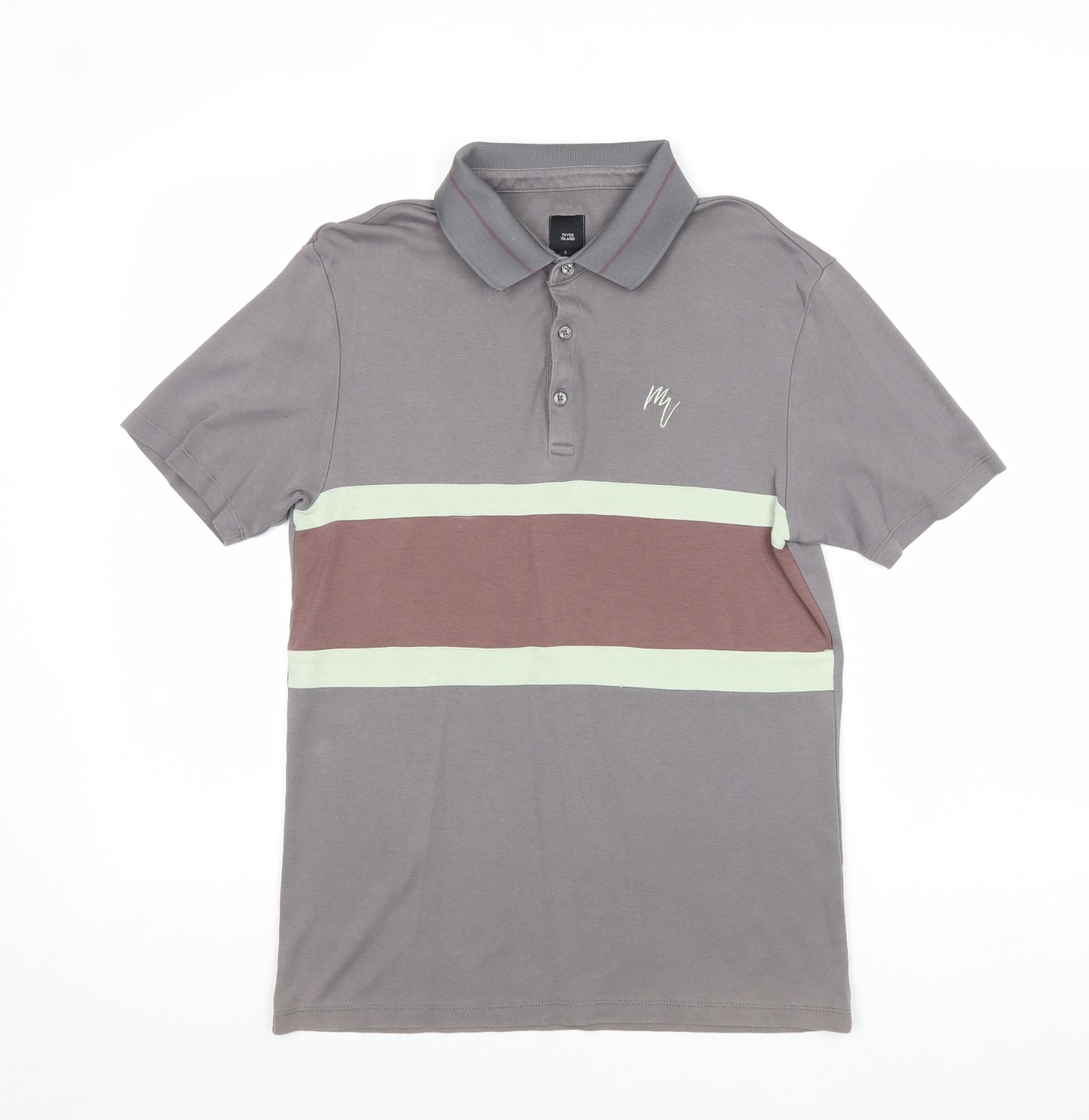 River Island Mens Grey Colourblock 100% Cotton Polo Size S Collared Button