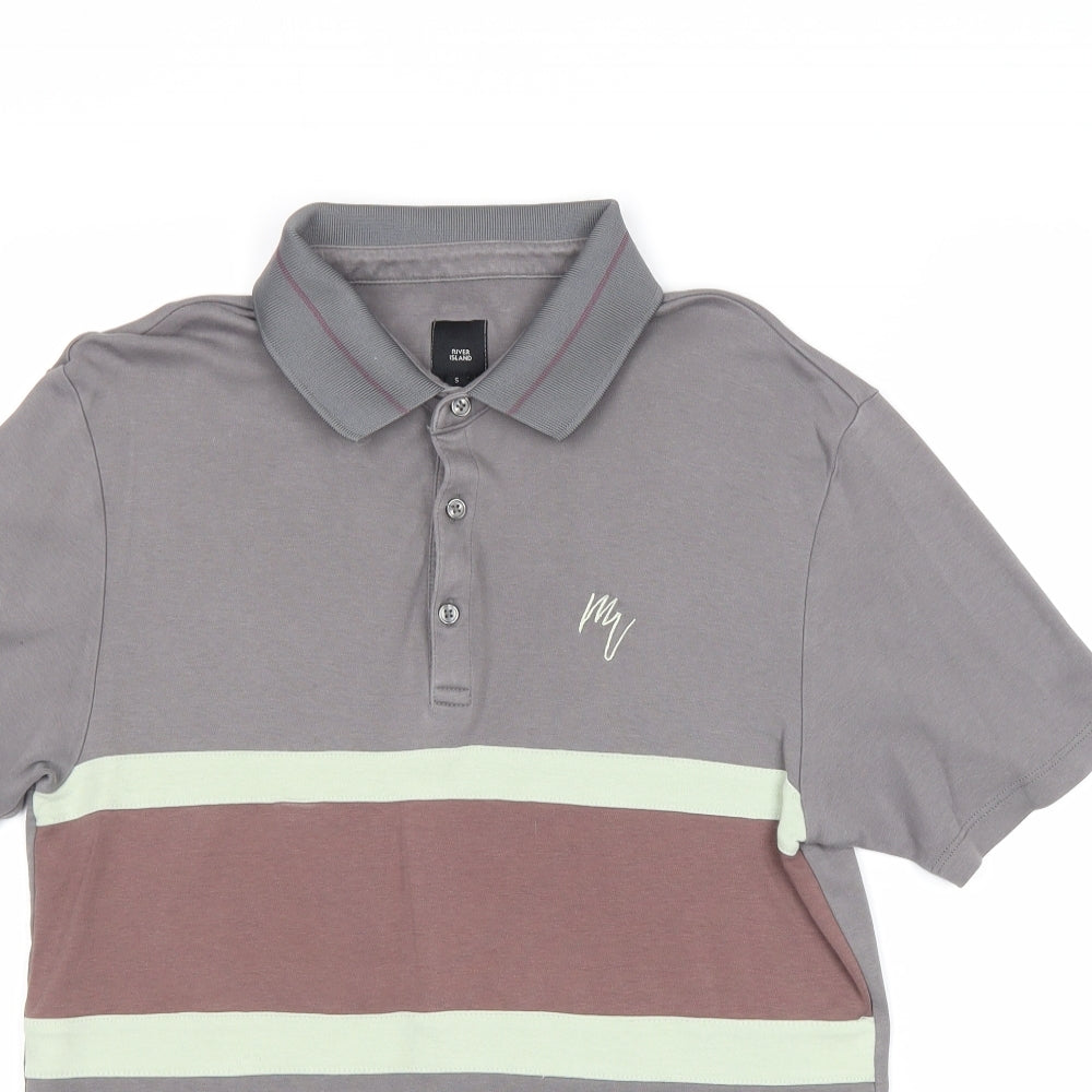River Island Mens Grey Colourblock 100% Cotton Polo Size S Collared Button