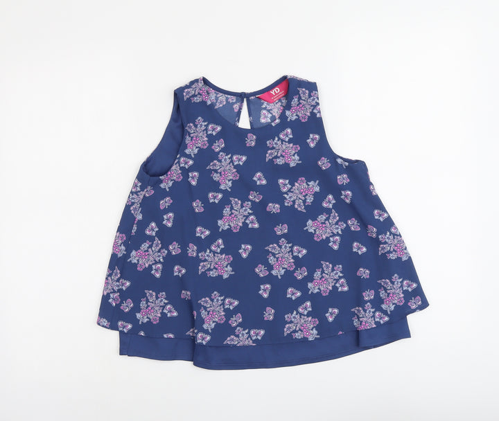 Young Dimension Girls Blue Floral Polyester Basic Tank Size 9-10 Years Round Neck Button