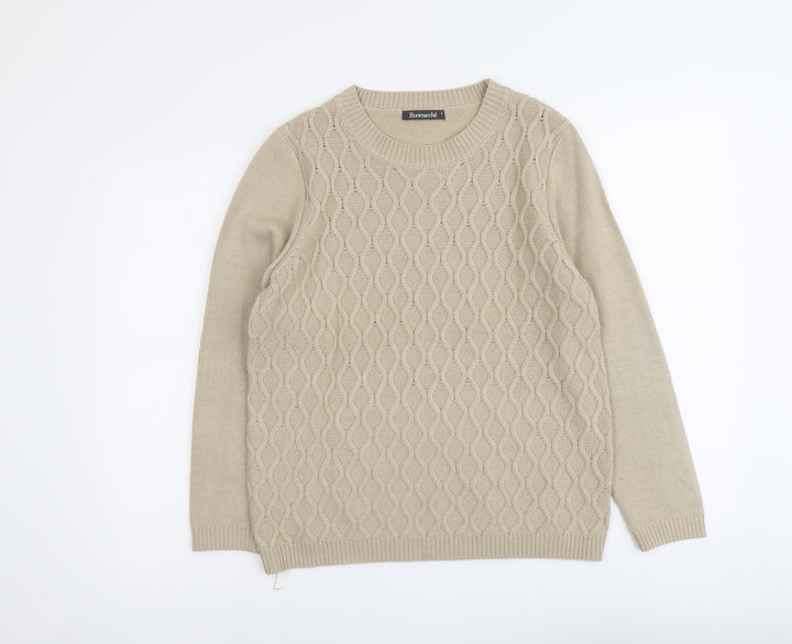 Bonmarché Womens Beige Round Neck Geometric Acrylic Pullover Jumper Size S
