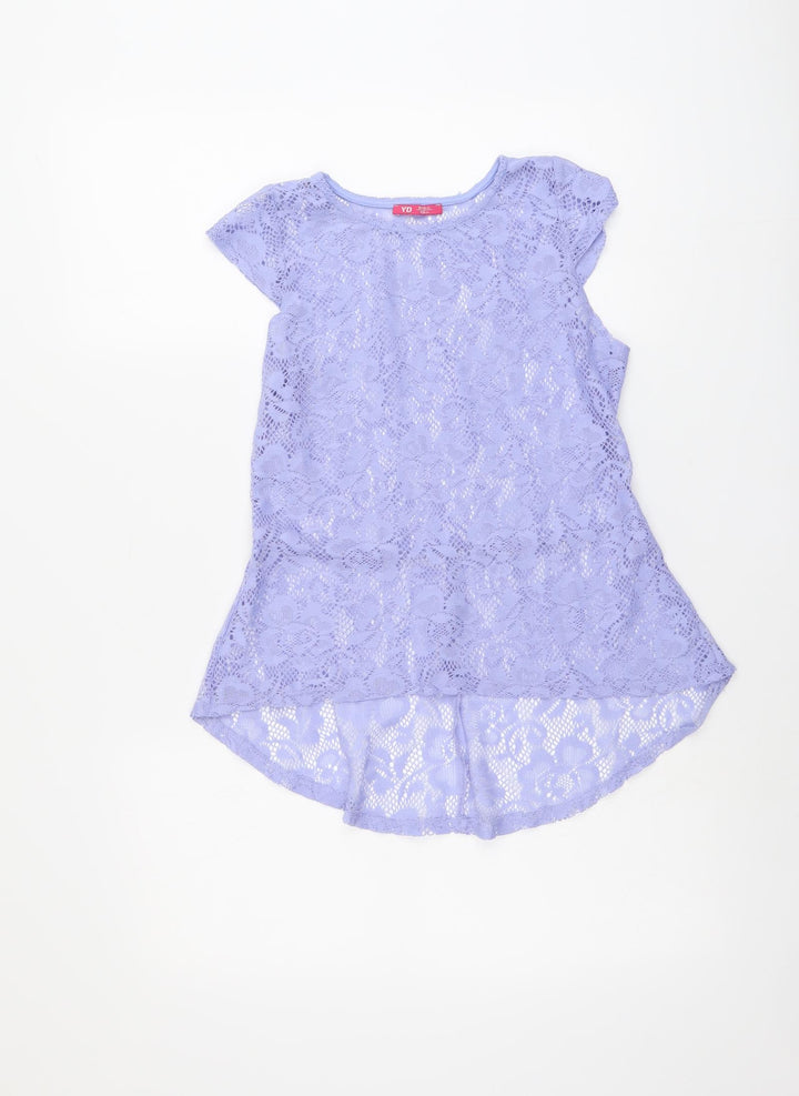 Young Dimension Girls Purple Floral Polyester Basic Blouse Size 12-13 Years Round Neck Pullover