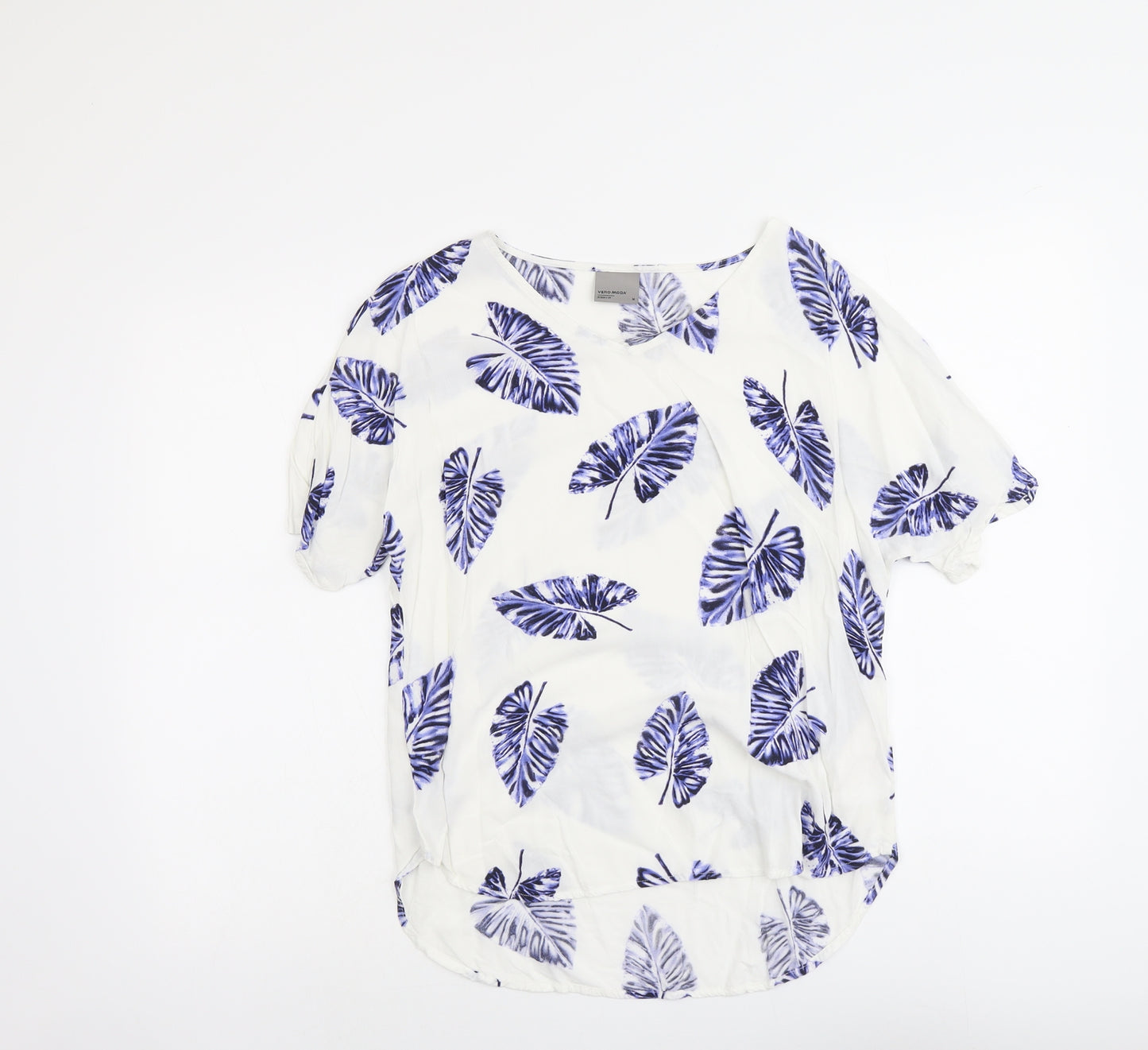 VERO MODA Womens White Geometric Viscose Basic Blouse Size M Round Neck - Leaf Print