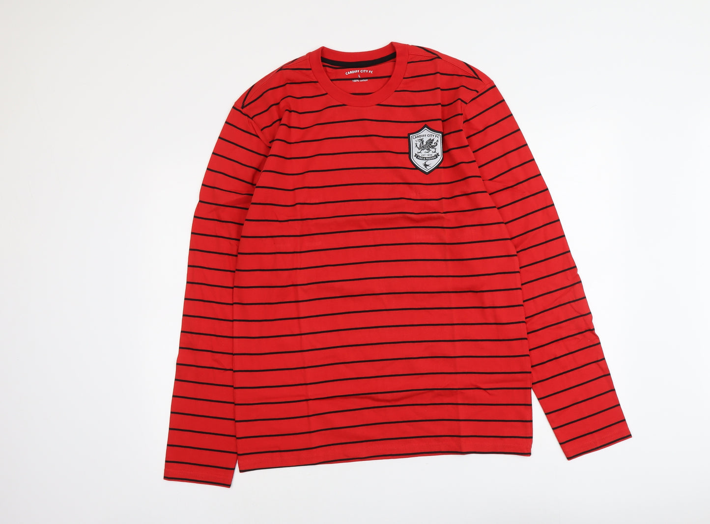 Cardiff City FC Mens Red Striped Cotton T-Shirt Size L Round Neck