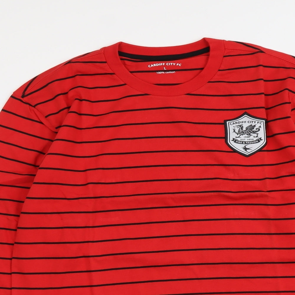 Cardiff City FC Mens Red Striped Cotton T-Shirt Size L Round Neck