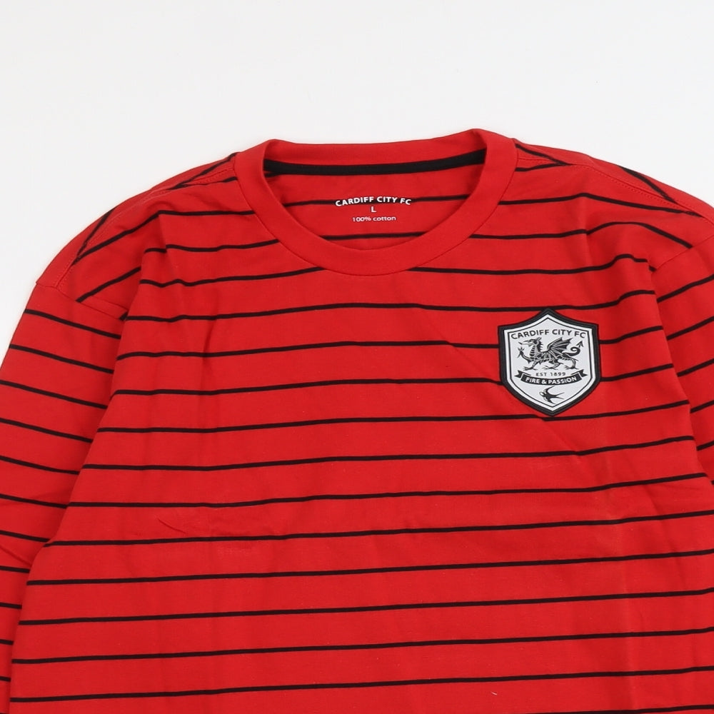 Cardiff City FC Mens Red Striped Cotton T-Shirt Size L Round Neck