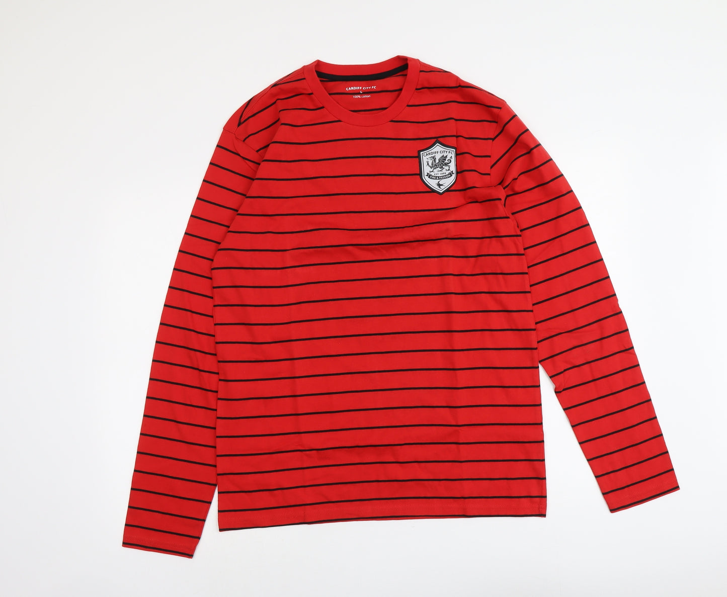 Cardiff City FC Mens Red Striped Cotton T-Shirt Size L Round Neck