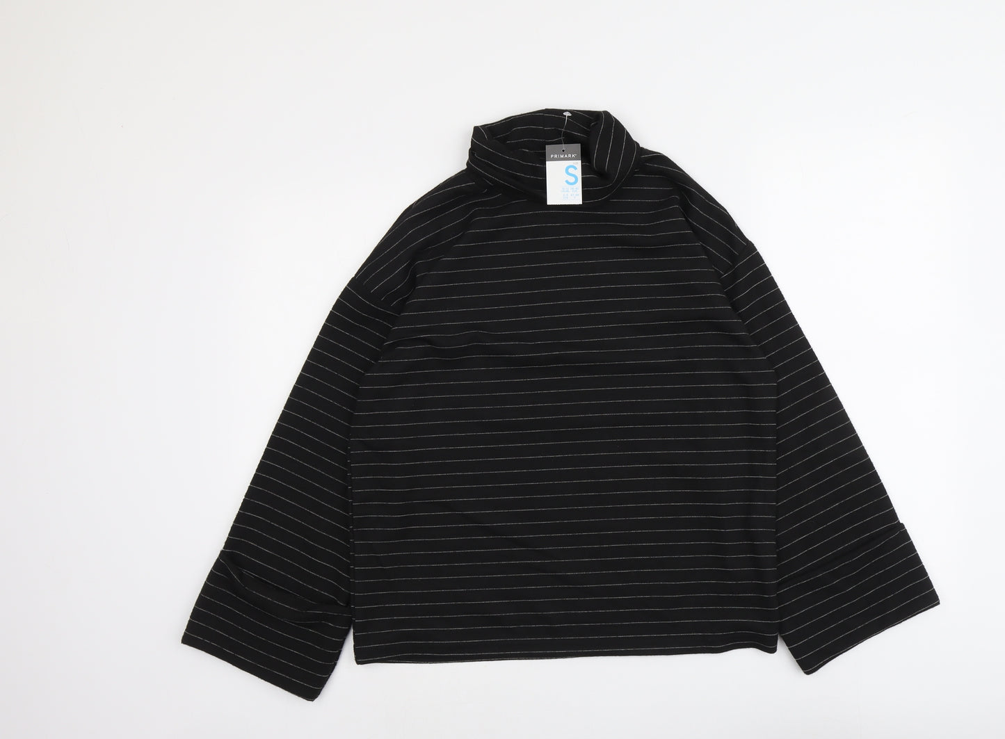 Primark Womens Black Striped Polyester Basic T-Shirt Size S Roll Neck