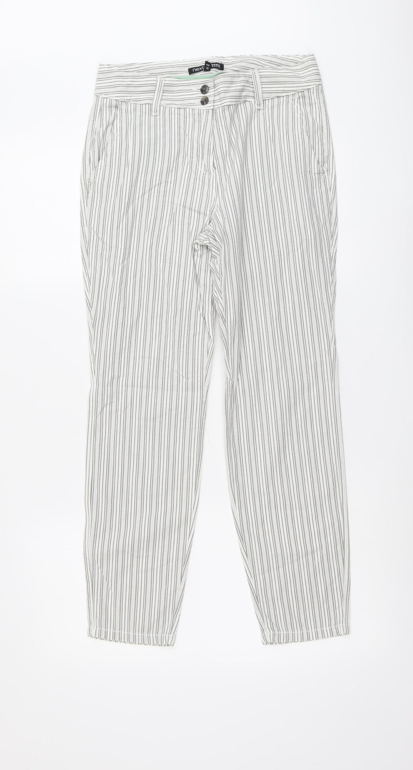 NEXT Womens Grey Striped Cotton Trousers Size 6 L26 in Regular Button