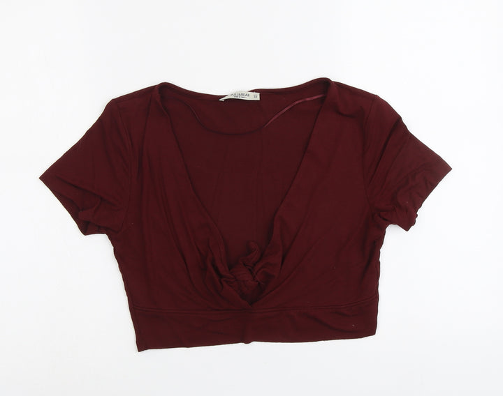Pull&Bear Womens Red Viscose Cropped T-Shirt Size XL V-Neck